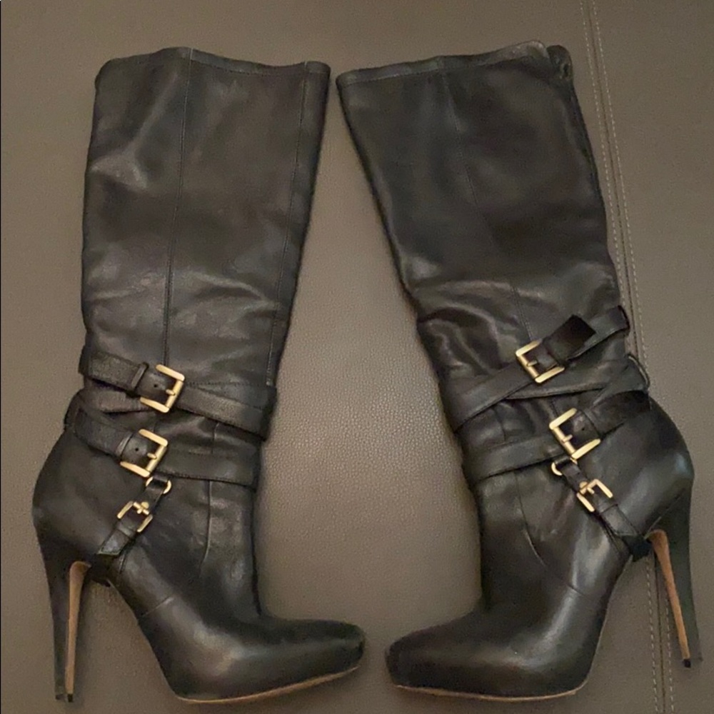 Leather knee-high boots black with gold